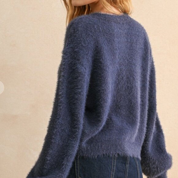 NEW Beaded Cherry Button Front Fuzzy Blue Soft Cardigan - SIZE SMALL - Picture 3 of 5